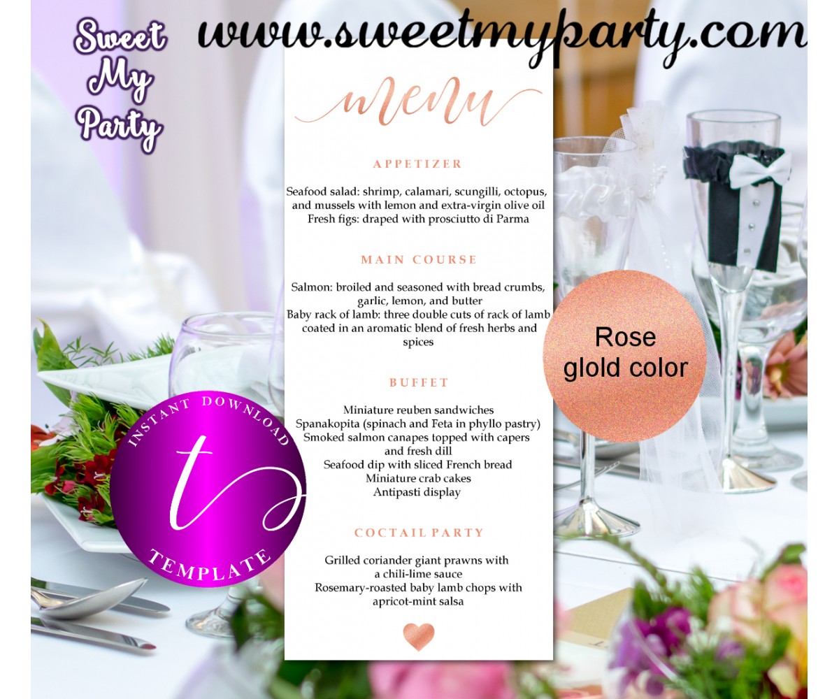 Rose Wedding Menu tea length template printable,Rose gold restaurant menu, 041w